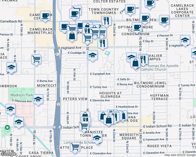 map of restaurants, bars, coffee shops, grocery stores, and more near 4417 North 21st Street in Phoenix