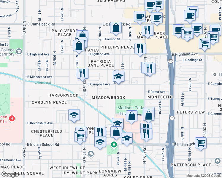 map of restaurants, bars, coffee shops, grocery stores, and more near 4428 North 13th Place in Phoenix