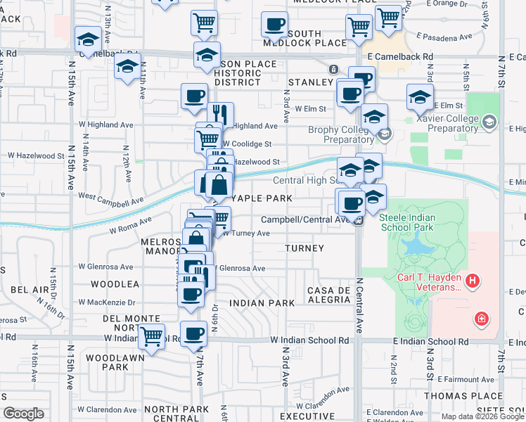 map of restaurants, bars, coffee shops, grocery stores, and more near 351 West Roma Avenue in Phoenix