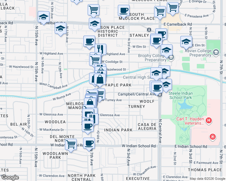 map of restaurants, bars, coffee shops, grocery stores, and more near 351 West Roma Avenue in Phoenix
