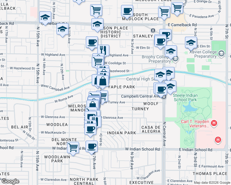 map of restaurants, bars, coffee shops, grocery stores, and more near 351 West Roma Avenue in Phoenix