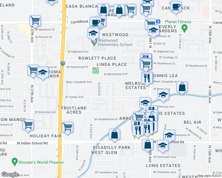 map of restaurants, bars, coffee shops, grocery stores, and more near 2135 West Campbell Avenue in Phoenix