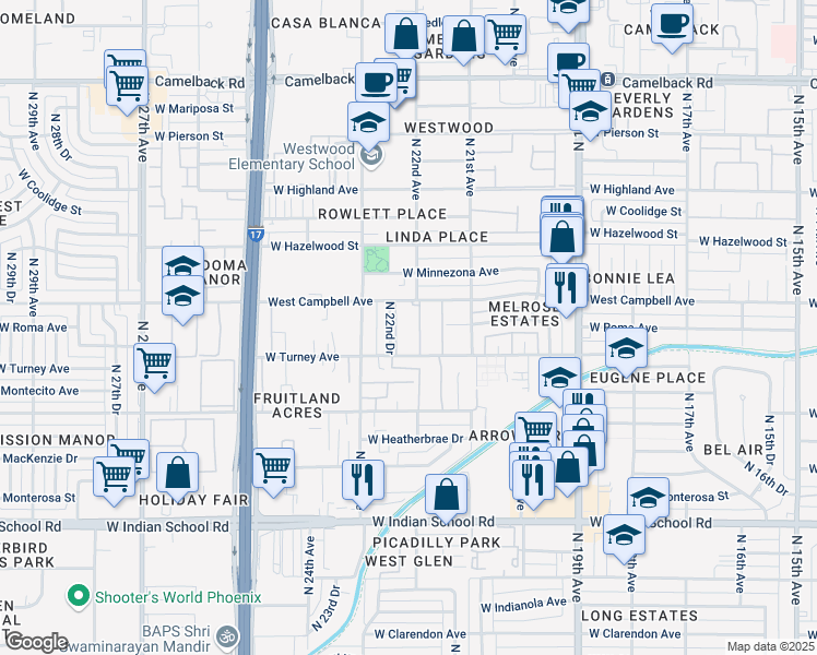 map of restaurants, bars, coffee shops, grocery stores, and more near 6 West Turney Avenue in Phoenix