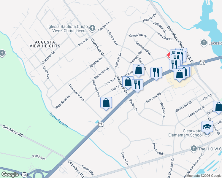map of restaurants, bars, coffee shops, grocery stores, and more near 346 Hill Street in North Augusta