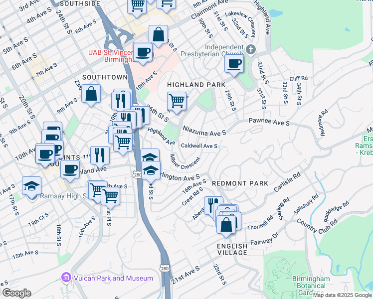 map of restaurants, bars, coffee shops, grocery stores, and more near 1430 Milner Street South in Birmingham