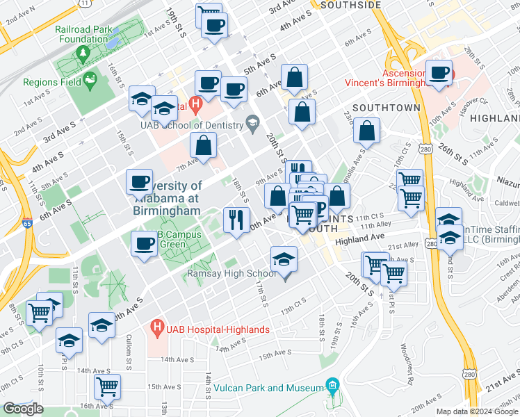 map of restaurants, bars, coffee shops, grocery stores, and more near 924 18th Street South in Birmingham
