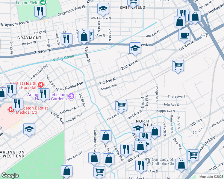 map of restaurants, bars, coffee shops, grocery stores, and more near 25 Division Court North in Birmingham