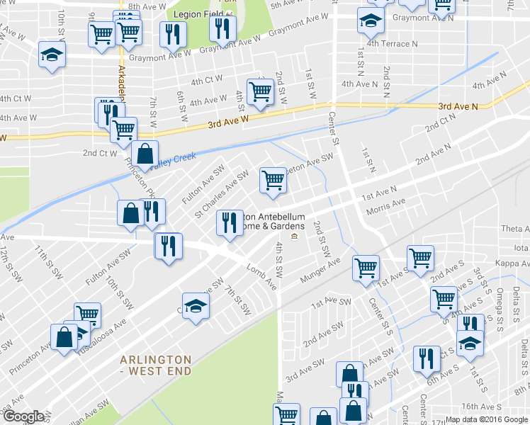 map of restaurants, bars, coffee shops, grocery stores, and more near 501 Tuscaloosa Avenue in Birmingham
