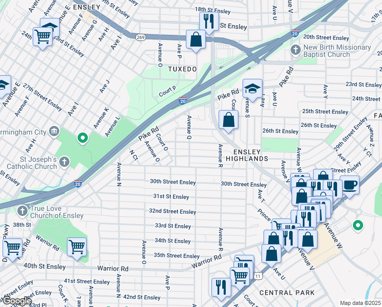 map of restaurants, bars, coffee shops, grocery stores, and more near 1709 28th Street Ensley in Birmingham