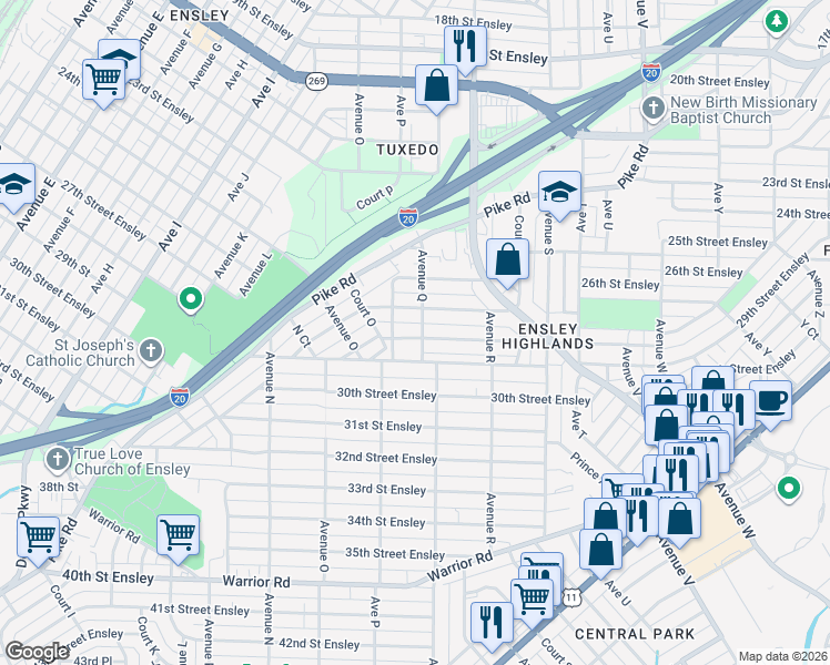 map of restaurants, bars, coffee shops, grocery stores, and more near 1709 28th Street Ensley in Birmingham