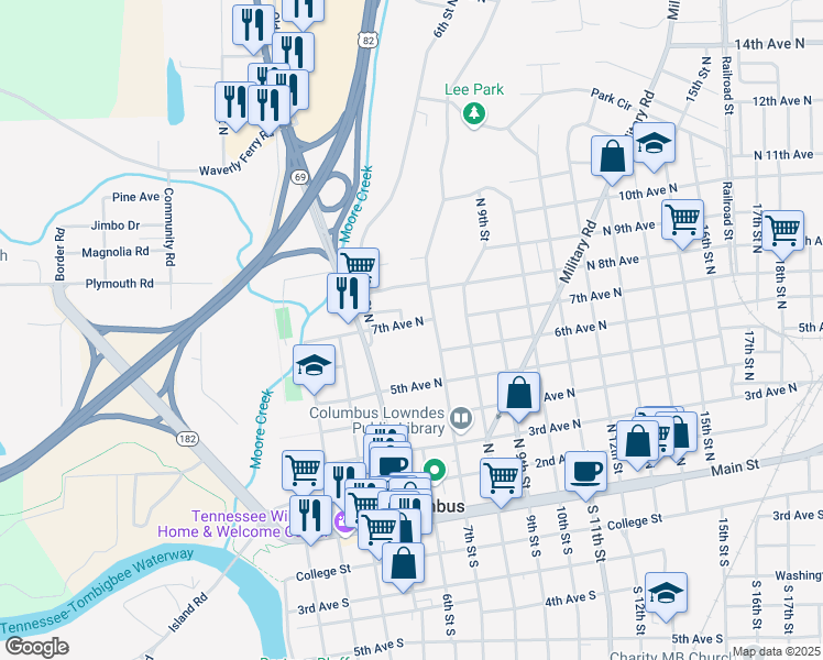 map of restaurants, bars, coffee shops, grocery stores, and more near 600 7th Ave N in Columbus
