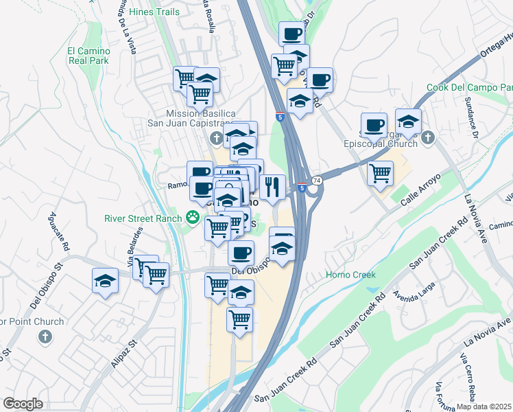 map of restaurants, bars, coffee shops, grocery stores, and more near 31806 El Camino Real in San Juan Capistrano
