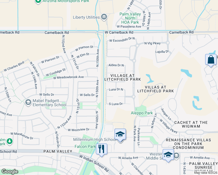 map of restaurants, bars, coffee shops, grocery stores, and more near 14916 Luna Drive North in Litchfield Park