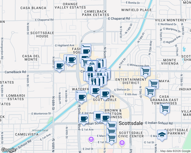 map of restaurants, bars, coffee shops, grocery stores, and more near in Scottsdale