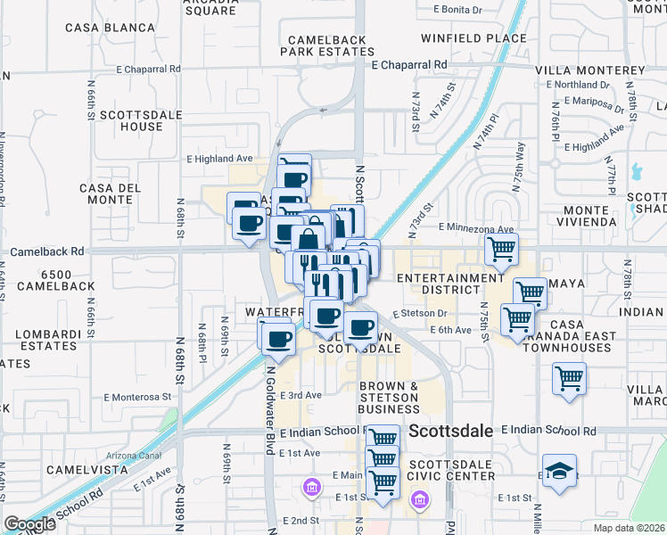 map of restaurants, bars, coffee shops, grocery stores, and more near in Scottsdale