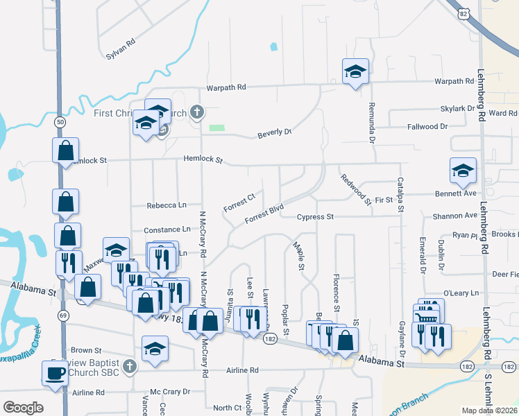 map of restaurants, bars, coffee shops, grocery stores, and more near 412 Forrest Boulevard in Columbus