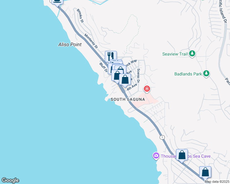 map of restaurants, bars, coffee shops, grocery stores, and more near 31736 Seacliff Drive in Laguna Beach
