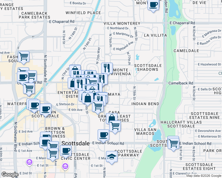 map of restaurants, bars, coffee shops, grocery stores, and more near in Scottsdale