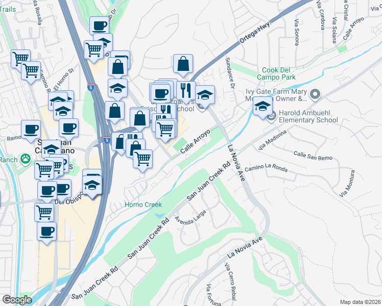 map of restaurants, bars, coffee shops, grocery stores, and more near 27422 Calle Arroyo in San Juan Capistrano