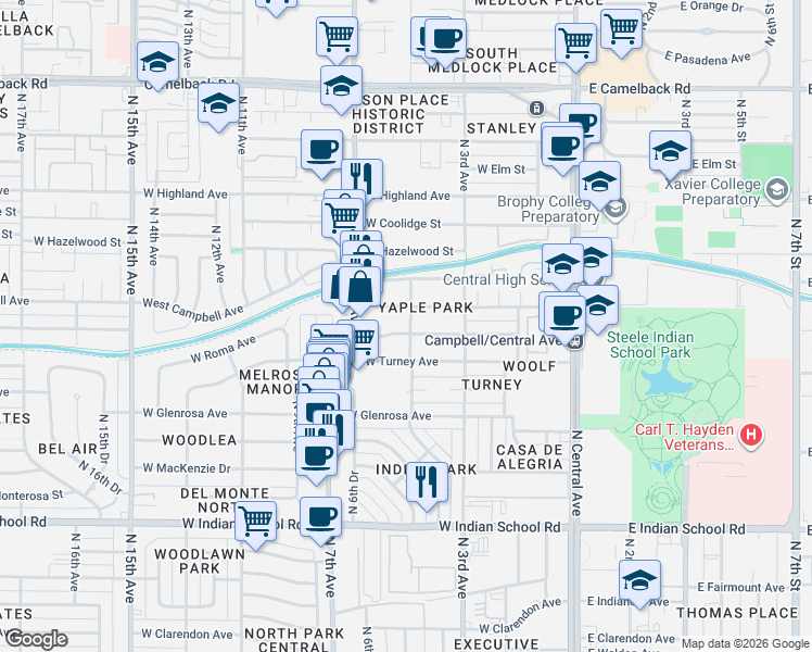 map of restaurants, bars, coffee shops, grocery stores, and more near 351 West Roma Avenue in Phoenix