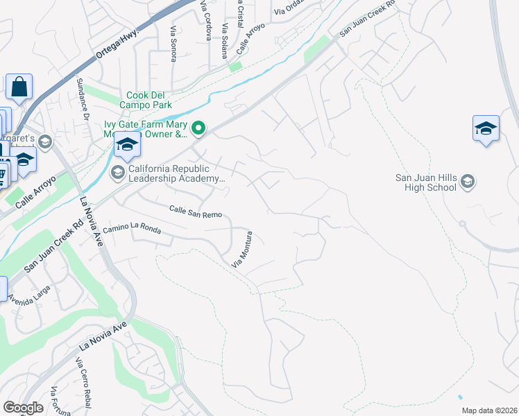 map of restaurants, bars, coffee shops, grocery stores, and more near 28231 Via Rueda in San Juan Capistrano