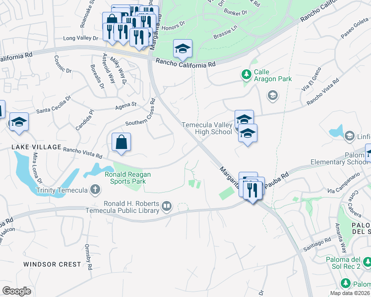 map of restaurants, bars, coffee shops, grocery stores, and more near 43070 Argo Court in Temecula