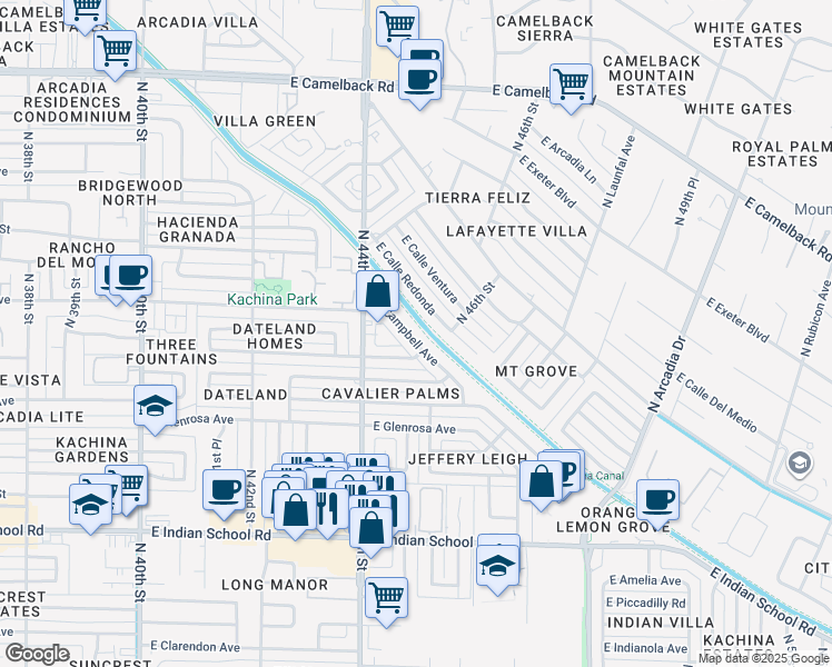 map of restaurants, bars, coffee shops, grocery stores, and more near 4428 East Roma Avenue in Phoenix