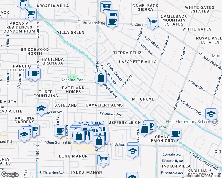 map of restaurants, bars, coffee shops, grocery stores, and more near 4428 East Roma Avenue in Phoenix
