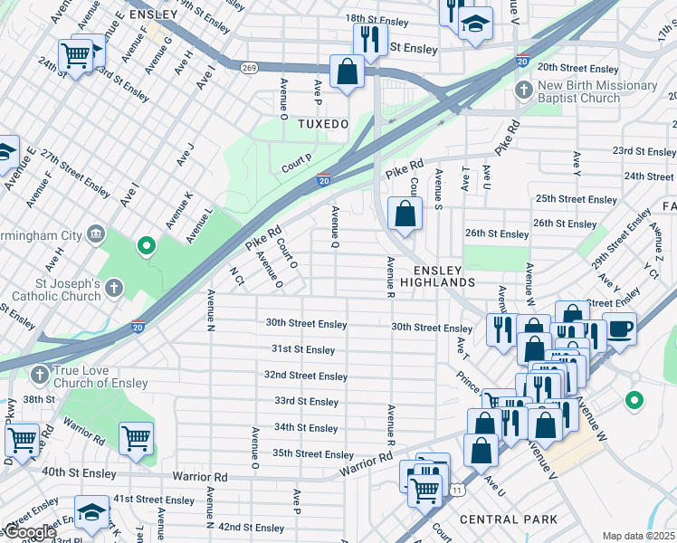 map of restaurants, bars, coffee shops, grocery stores, and more near 1709 28th Street Ensley in Birmingham
