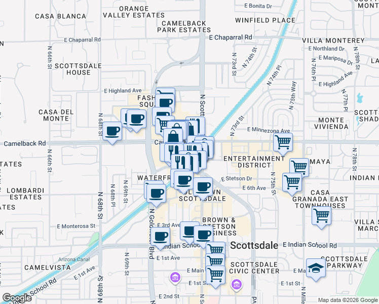 map of restaurants, bars, coffee shops, grocery stores, and more near in Scottsdale