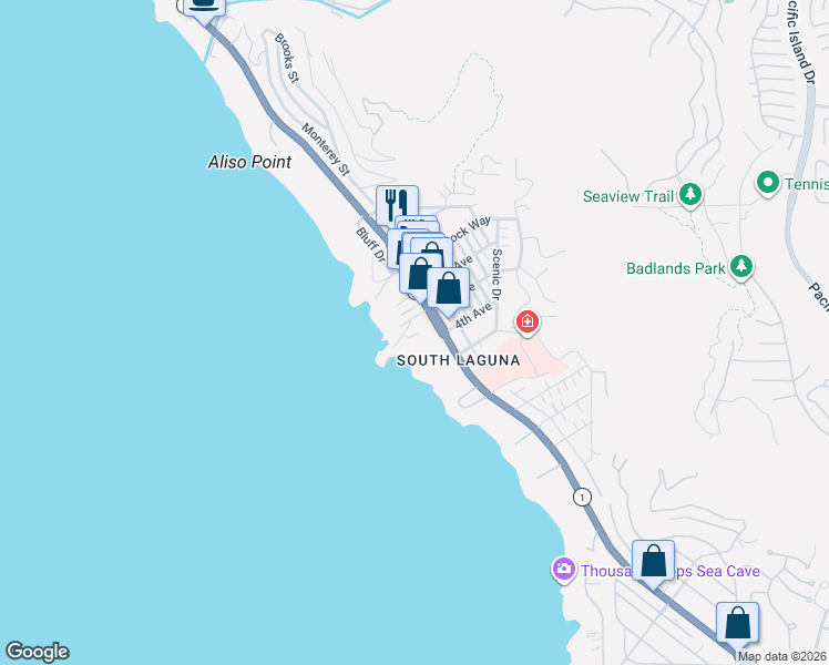map of restaurants, bars, coffee shops, grocery stores, and more near 31736 Seacliff Drive in Laguna Beach