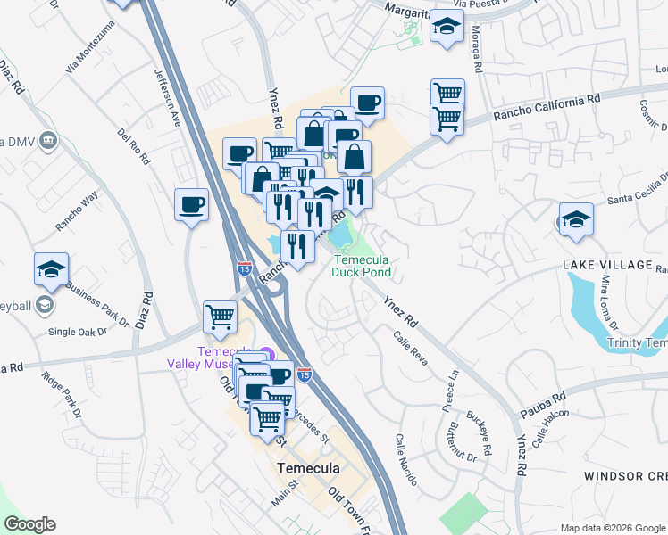 map of restaurants, bars, coffee shops, grocery stores, and more near 27759 Tierra Vista Road in Temecula