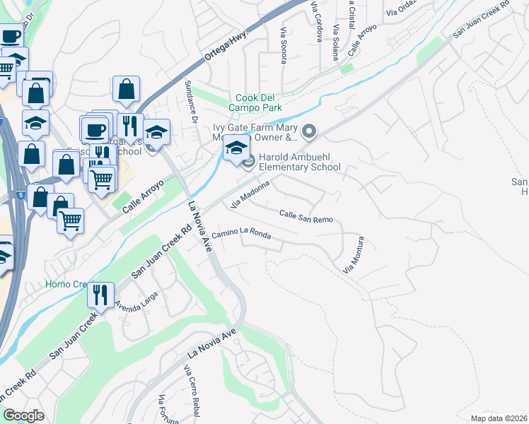 map of restaurants, bars, coffee shops, grocery stores, and more near 27901 Camino Santo Domingo in San Juan Capistrano