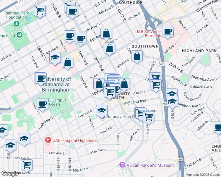 map of restaurants, bars, coffee shops, grocery stores, and more near 1017 19th Street South in Birmingham