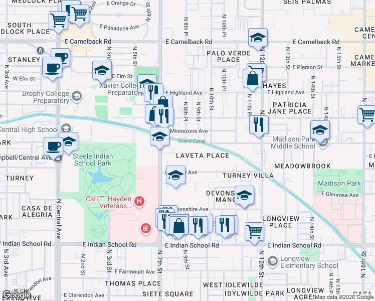 map of restaurants, bars, coffee shops, grocery stores, and more near 913 East Roma Avenue in Phoenix