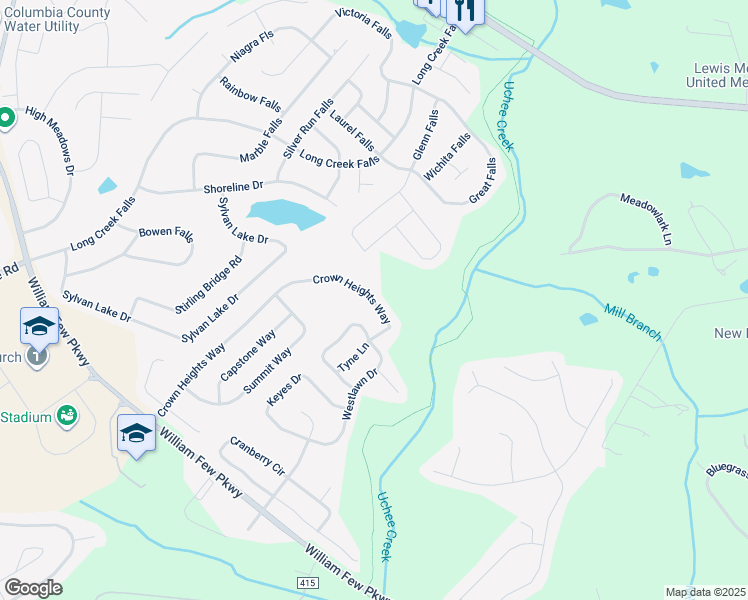 map of restaurants, bars, coffee shops, grocery stores, and more near 308 Crown Heights Way in Grovetown