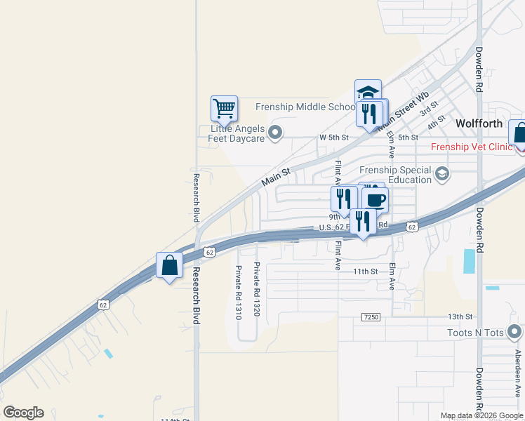 map of restaurants, bars, coffee shops, grocery stores, and more near 713 Indiana St in Wolfforth