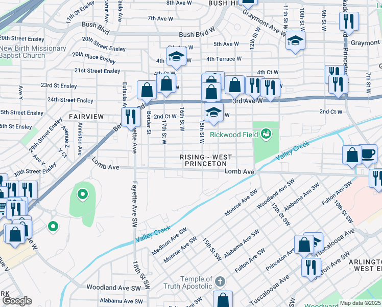 map of restaurants, bars, coffee shops, grocery stores, and more near 1513 1st Avenue West in Birmingham