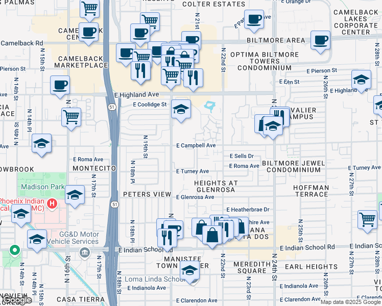map of restaurants, bars, coffee shops, grocery stores, and more near 4417 North 21st Street in Phoenix