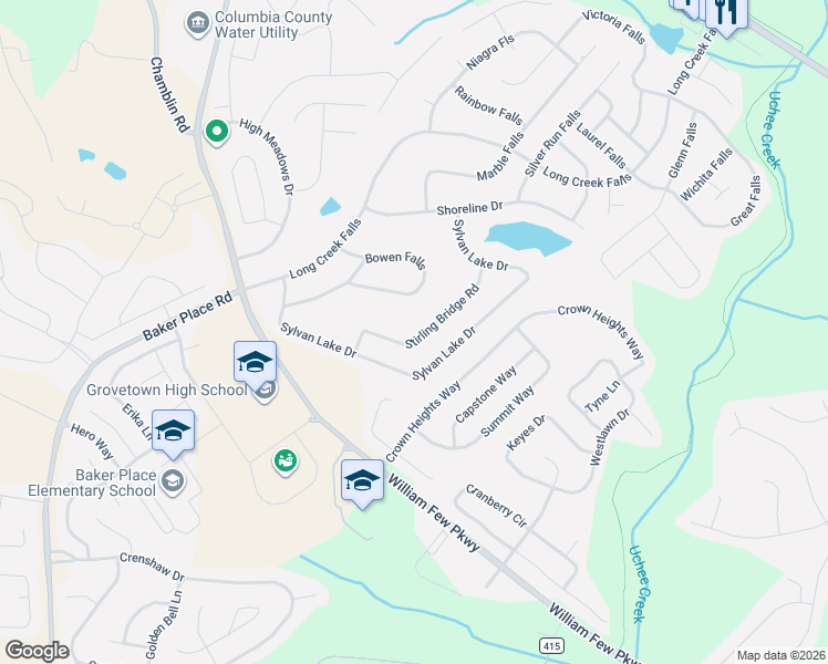 map of restaurants, bars, coffee shops, grocery stores, and more near 540 Stirling Bridge Road in Grovetown