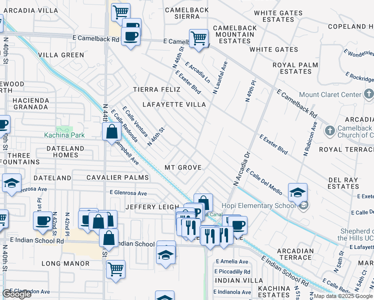 map of restaurants, bars, coffee shops, grocery stores, and more near 4727 East Lafayette Boulevard in Phoenix