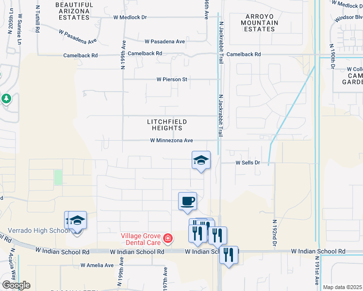 map of restaurants, bars, coffee shops, grocery stores, and more near 19629 West Minnezona Avenue in Litchfield Park