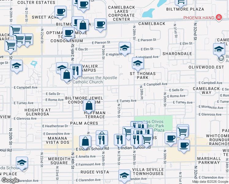 map of restaurants, bars, coffee shops, grocery stores, and more near 2629 East Roma Avenue in Phoenix