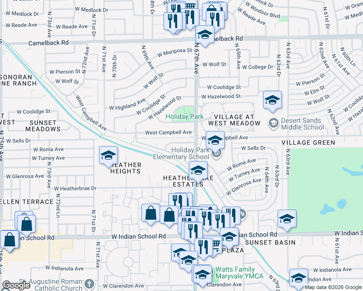 map of restaurants, bars, coffee shops, grocery stores, and more near 4420 North 67th Drive in Phoenix