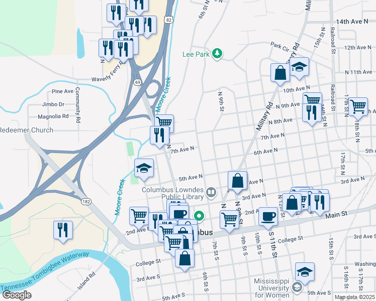 map of restaurants, bars, coffee shops, grocery stores, and more near 600 7th Avenue North in Columbus