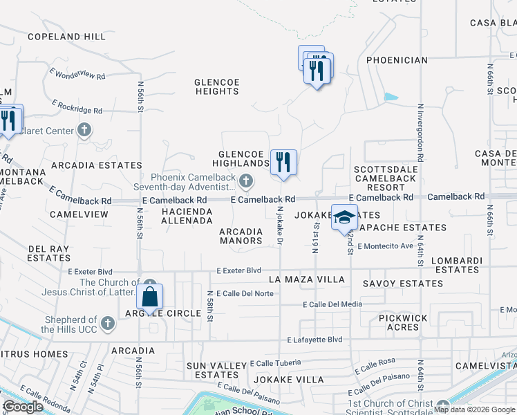 map of restaurants, bars, coffee shops, grocery stores, and more near 4425 North Arcadia Lane in Phoenix
