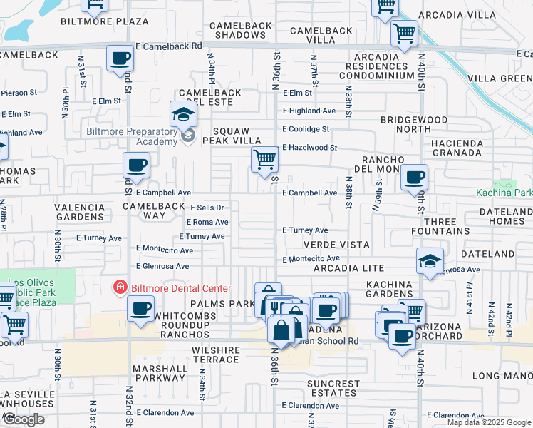 map of restaurants, bars, coffee shops, grocery stores, and more near 4352 North 36th Street in Phoenix