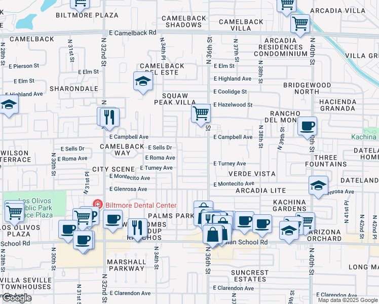 map of restaurants, bars, coffee shops, grocery stores, and more near 4417 North 35th Street in Phoenix