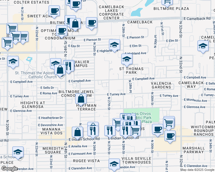 map of restaurants, bars, coffee shops, grocery stores, and more near 2629 East Roma Avenue in Phoenix