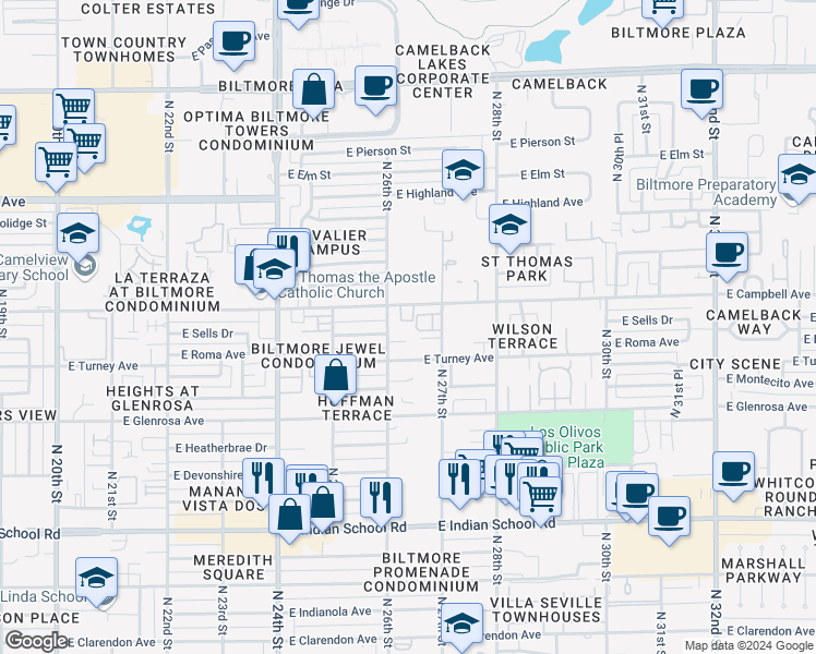 map of restaurants, bars, coffee shops, grocery stores, and more near 2629 East Roma Avenue in Phoenix